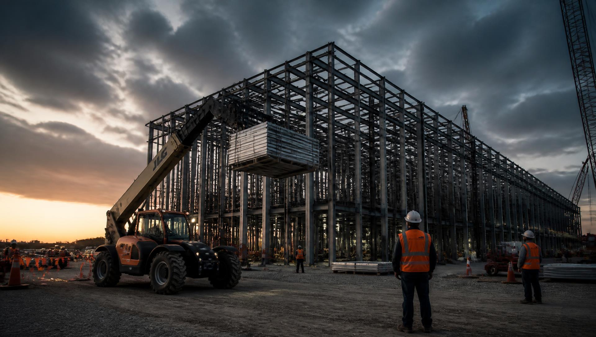 Telehandler placing a pallet of materials at a large data center construction project at dusk